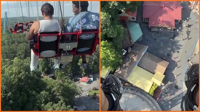 Riders were spinning more than 200 feet above Six Flags Over Georgia on the SkyScreamer ride. It suddenly stopped midair, leaving them dangling