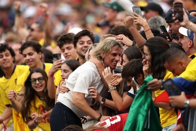 Ecuador coach Sebastian Beccacece climbs into stands to celebrate Germany upset with family