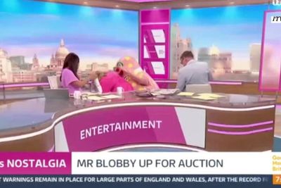 Kate Garraway knocked off chair live on tv by Mr Blobby