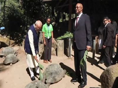 PM Modi feeds world's oldest living land animal 'Jonathan' during Seychelles visit