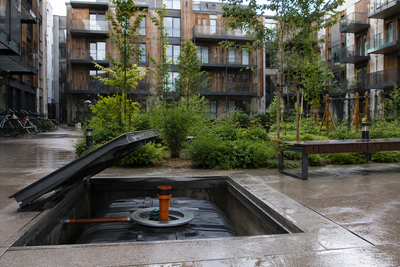 A Swedish neighbourhood buried a 25,000-litre rainwater tank beneath an apartment courtyard, and now the rooftops water the gardens instead
