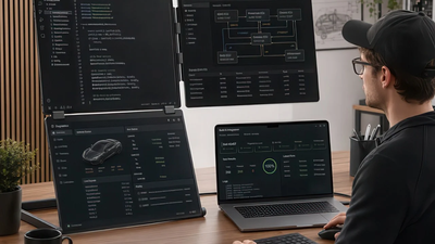 This is the most incredible portable monitor setup you'll see — a portable L-shaped 16-inch triple-screen monitor is perfect for productivity