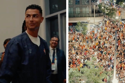 Cristiano Ronaldo celebrates with fans outside Toronto hotel after World Cup win