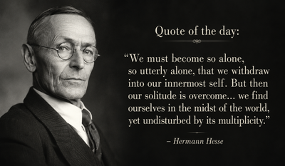 Quote of the Day by Hermann Hesse: “We must become so alone, so utterly alone, that we withdraw into our innermost self. But then our solitude is...” — Timeless nobel prize-winning wisdom reveal why real inner peace, emotional strength, and self-discovery begin only when you learn to be comfortably alone