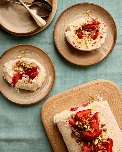 Helen Goh’s recipe for rolled pavlova with strawberries and sumac