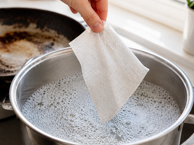 Many people throw away dryer sheets after one use, but soaking a used sheet in a greasy pan overnight may help loosen baked-on residue