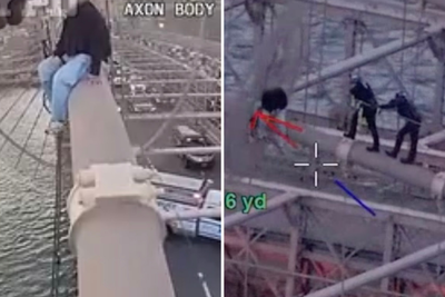 Police officer scales Brooklyn Bridge to rescue woman sat on beam