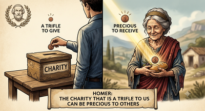 Quote of the day by Homer: 'The charity that is a trifle to us can be precious to...' - motivational quote by Greek poet of The Iliad and The Odyssey on life lessons about charity, generosity, helping others and why small acts of kindness can make the biggest difference in someone's life
