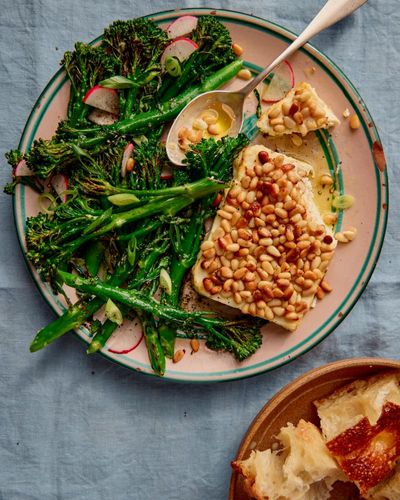 Rukmini Iyer’s quick and easy recipe for pine-nut crusted feta, roasted broccoli and radish salad