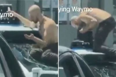 Shirtless man destroys self-driving Waymo taxi in middle of busy Hollywood intersection