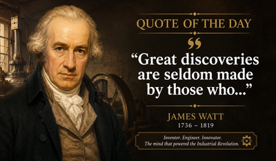 Quote of the Day by James Watt: “Great discoveries are seldom made by those who...” - Timeless life lessons on patience, hard work, quiet determination, endurance, innovation and why great success never comes overnight from the legendary steam engine innovator