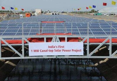 One of the world’s first canal-top solar projects placed a 750-meter solar array above an Indian irrigation canal, generating clean power while saving an estimated 9 million liters of water each year