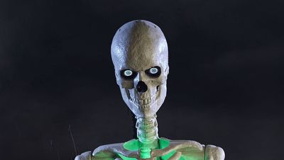 I can't wait to scare the crap out of the neighborhood kids with Home Depot's new 12-foot skeleton — it can now move and talk!