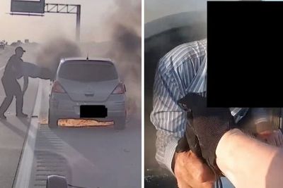 Cop drags motorist out of smoking car as it bursts into flames on side of the highway