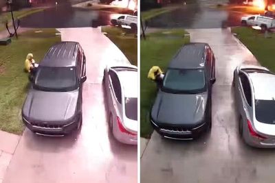 Lightning strike yards from woman exiting her car caught on doorbell camera