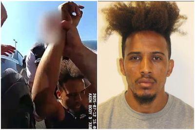 Moment saw-wielding shoplifter arrested after shocking attack on store staff - as he is jailed for 10 years