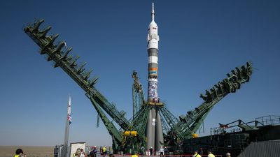 Astronauts just launched on a Soyuz rocket with an energy-drink ad on it, continuing a Russian tradition
