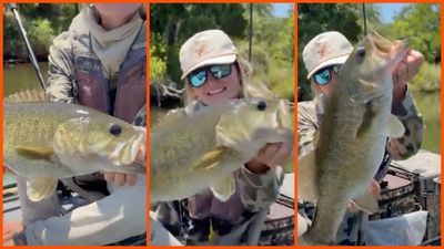 Professional angler needs 2 hands to reel in large catch in Texas. Then she notices something rarely seen