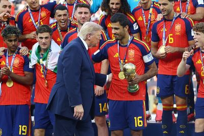 Moment Trump is asked to step aside by Spain after handing over World Cup trophy