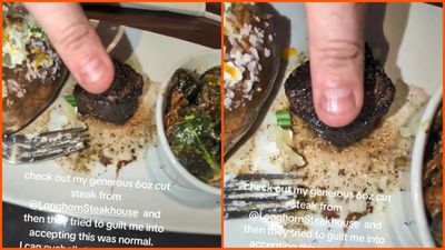 Man holds his finger next to his LongHorn Steakhouse steak, and the size comparison is embarrassing. Then they tried to guilt him into accepting it
