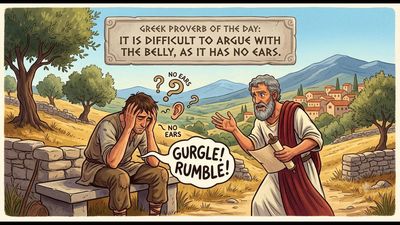Greek proverb of the day: 'It is difficult to argue with the belly, as it has...' - thought-provoking life lessons on human behavior, decision-making, empathy, why it is hard to argue with hunger and why people may not listen when their basic needs aren’t met