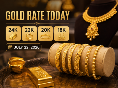 22k gold rate today: Check 24k, 22k, 20k, 18k gold prices (July 22, 2026) at Tanishq, Malabar Gold & Diamonds, Joyalukkas, Kalyan Jewellers and IBJA