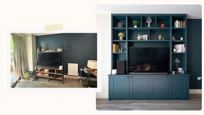 Struggling with living room clutter? This media wall transformation makes storage look expensive and elegant