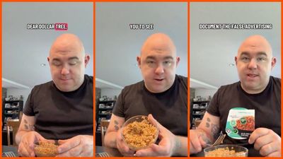 Man holds up a Dollar Tree fried rice bowl next to the photo on the package. Then he shows what’s actually inside: ‘the false advertising’