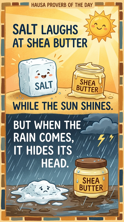 Hausa Proverb of the Day: 'Salt laughs at shea butter while the sun shines, but when the rain comes, it hides...'- A Timeless lesson on humility, changing fortunes, and never looking down on others
