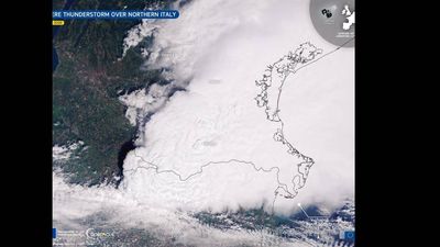 Satellite captures striking V-shaped thunderstorm over Northern Italy linked to severe weather