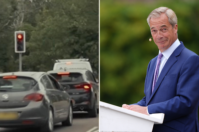 Moment woman crashes her car seconds after heckling Nigel Farage: ‘She won’t be doing that again’