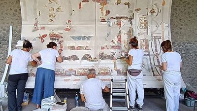 Pompeii unveils reconstructed frescoed banquet hall ceiling, as restoration continues