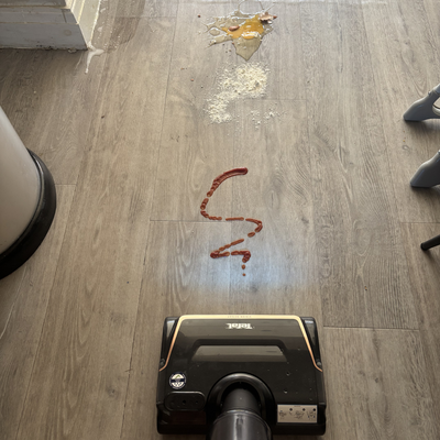 I used Tefal’s vacuum mop to clean tomato sauce, flour and a cracked egg from my floors – as a busy mum of three, it's made speedy clean-ups so easy