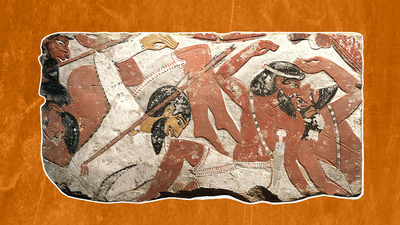 Relief fragment with vanquished enemies: A 3,400-year-old depiction of an Egyptian pharaoh crushing western Asian soldiers under his royal chariot