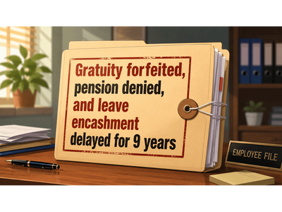 Gratuity forfeited, pension denied, and leave encashment delayed for 9 years due to criminal proceedings leading to employee's conviction; family fought back in Delhi High Court and won 6% interest on leave encashment on this ground