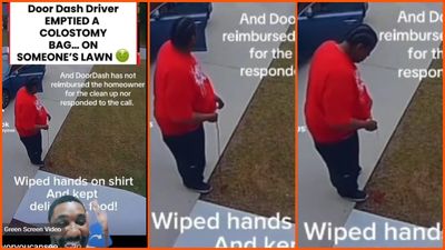Doordash driver empties a medical waste bag on someone’s lawn and wipes his hands. His next stop was a food delivery