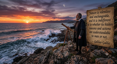 Quote of the day by Galileo Galilei: 'Nature is relentless and unchangeable, and it is indifferent as to...' - inspiring quote by astronomer who discovered the four largest moons of Jupiter teaches life lessons on curiosity, knowledge of our world and why humans can't fully control nature