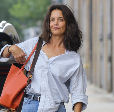 Katie Holmes Does Logomania the Katie Way—With 2019-Era Cigarette Jeans and a Button-Up