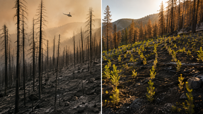 In 2024, helicopters delivered 3,800 giant sequoia seedlings seven miles into California wilderness; replanting a 48-acre burn scar considered unlikely to recover naturally