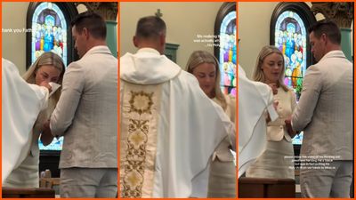 Rhode Island bride reaches for what she thinks is a tissue. She realizes the awkward mistake she just made: ‘father was too stunned to speak’