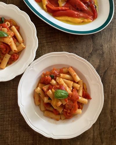 Rachel Roddy’s recipe for pasta with red peppers and anchovies or goat’s cheese