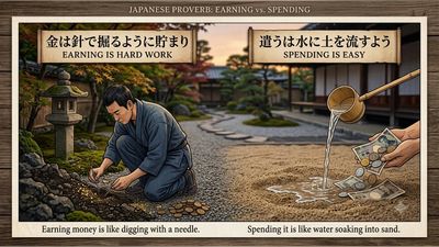 Japanese proverb of the day: 'Getting money is like digging with a...' - this inspiring Japanese saying teaches life lessons on building wealth, financial discipline and why money takes time to earn but seconds to spend
