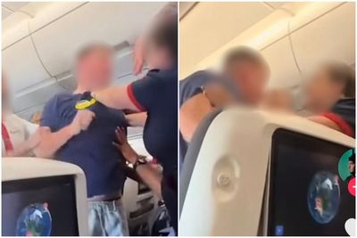 Shocking moment BA flight attendant holds back drunk passenger before he is arrested at Heathrow