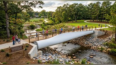 Atlanta used a retired 49-foot wind-turbine blade as a footbridge to solve a creek-access problem; the result transformed the park by opening nearly 2 acres of previously unreachable green space to visitors