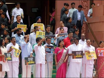 NDA, INDIA bloc MPs clash with protests and counter slogans near the Parliament on Thursday