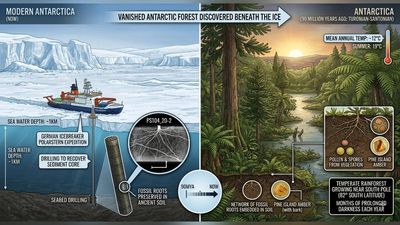 90 million years ago, Antarctica had a temperate forest just 900 kilometers from the South Pole despite months of darkness. 90 million years later, scientists found its roots, pollen and spores preserved in seafloor sediment beneath today's frozen continent
