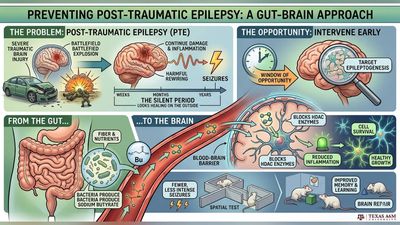 From gut bacteria to the brain, a chemical, sodium butyrate traveled through the bloodstream after traumatic injury, where 4 months of treatment helped scientists reduce inflammation, protect brain cells and made seizures less frequent