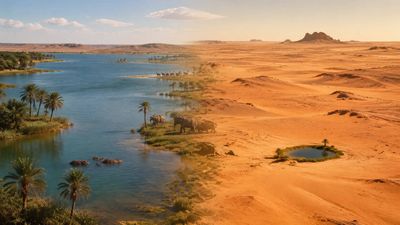 In 4000 BCE, a lake Mega Chad larger than all five Great Lakes covered roughly 360,000 sq km of what is now the Sahara. 6,000 years later, only a tiny fraction, well under 1%, of that ancient lake remains