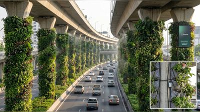 Along a 27-mile ring road, 8 million plants are climbing 2,000 concrete columns, fed by recycled rainwater from the road above, turning 15 acres of dead infrastructure into vertical gardens seen by drivers