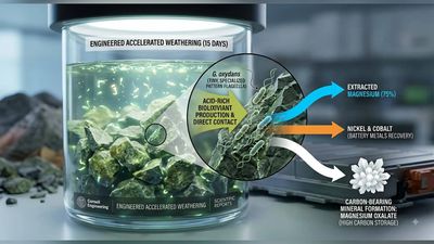 In 15 days, Cornell-engineered bacterium broke down olivine and extracted 75% of its magnesium, while releasing nickel and cobalt and forming a carbon-storing mineral that could link mine waste to cleaner batteries